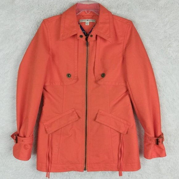 Tommy Hilfiger Womens Coat Rain Orange Full Zip Lined Pockets Collared 4 - Picture 1 of 13